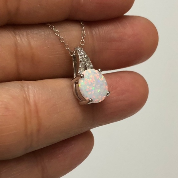 Fire Opal Necklace Round White Opal Pendant, Minim - Picture 4 of 8